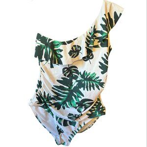 Hilor One Shoulder Ruffle Palm Leaf One-piece Swimsuit Med-Large